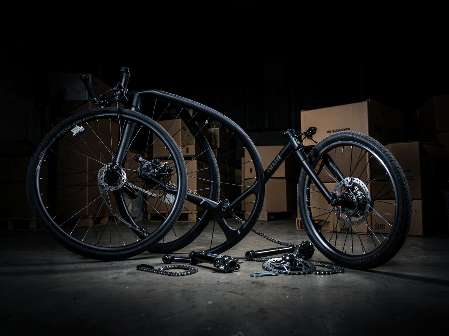 Bicycle wheelsets, frame and drivetrain components stacked in a dark warehouse