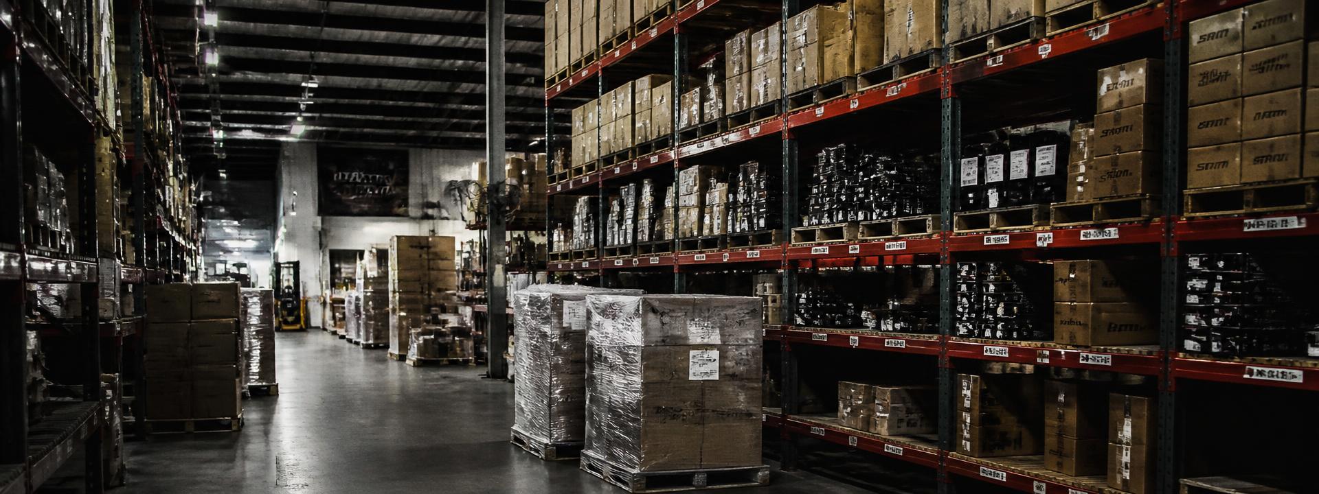 Bicycle component boxes and pallets on warehouse racking